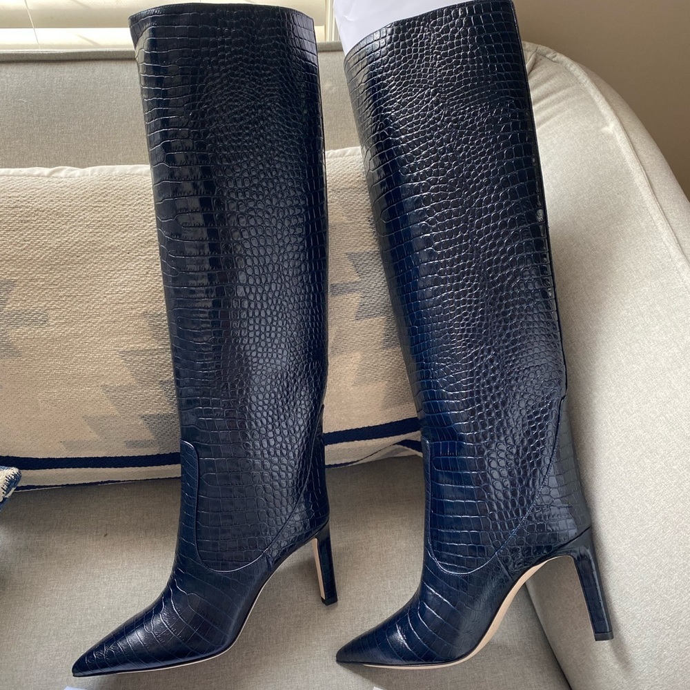 Jimmy Choo mavis 85 blue navy croc embossed leather boots NWT 36.6